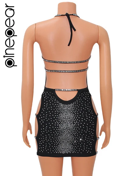 Ananas Frauen glänzend Luxus Diamant Halfter tiefen V-Ausschnitt rücken frei Mini kleid 2024 Sommer sexy aus geschnitten Bandage Geburtstags feier Kleid