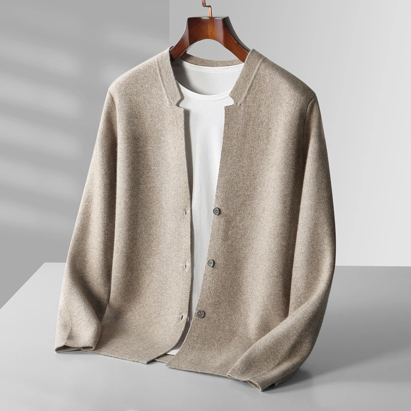 High End Business Casual 100% Merino Wool Cardigan Men\'s Solid Color Knitted V-Neck Cashmere Cardigan Jacket Sweater Winter Coat