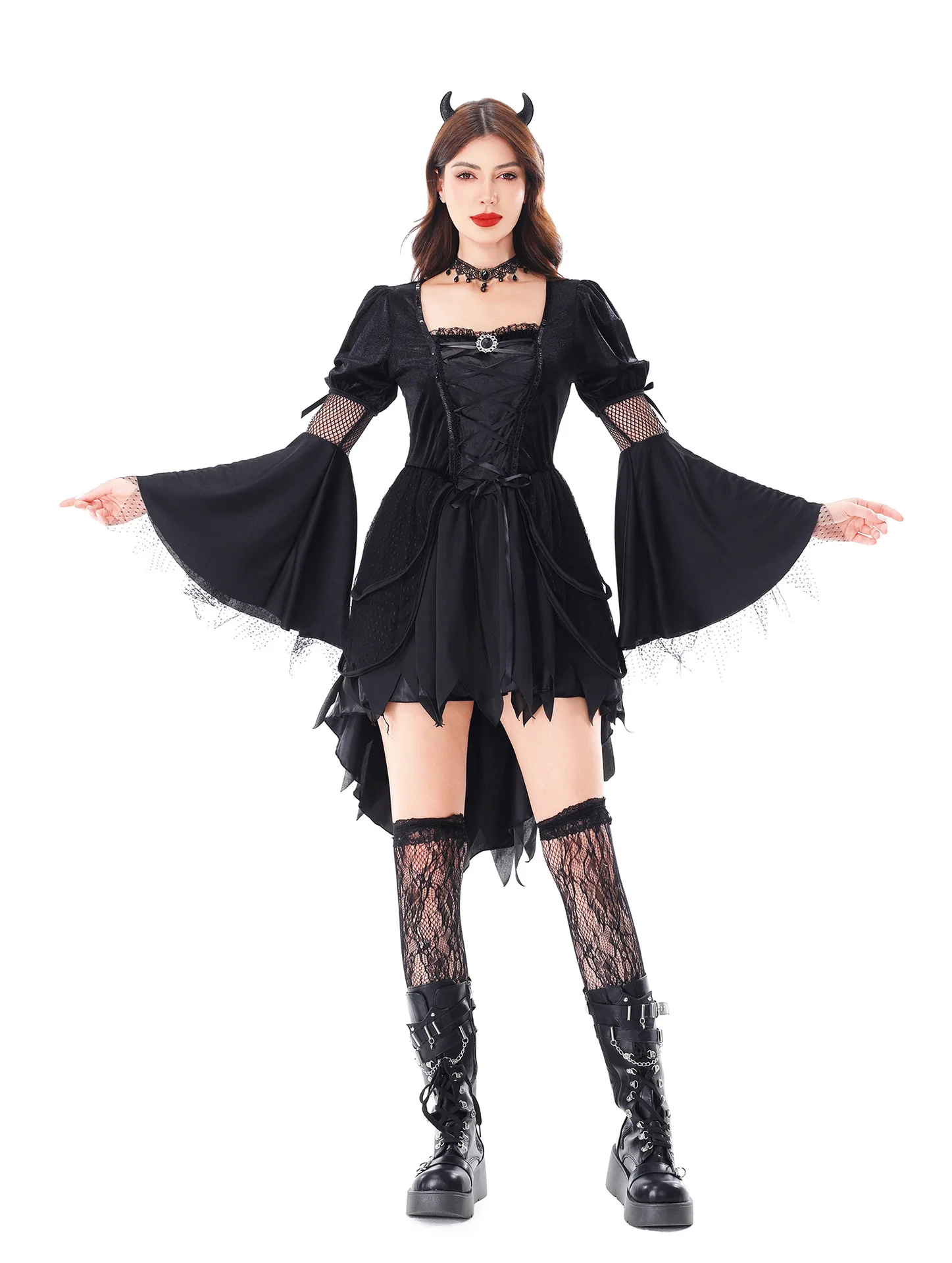 Déguisement Diablesse Gothique Noire à Cornes – Robe Manches Évasées – photo 1