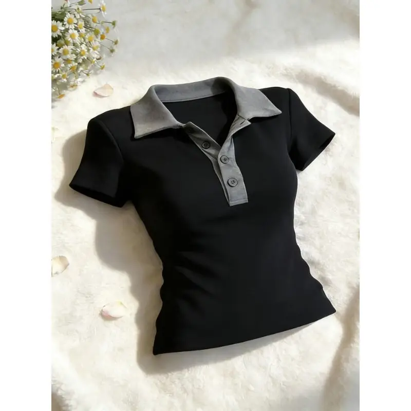 Vintage Contrast Neck Slim Simplicity Tops Women Clothing Short Sleeve Youth All-match Korean T Shirts Fashion Trend Summer