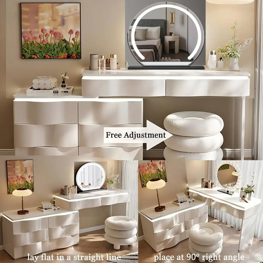 Ty Table with Mirror, with Led Lighting, Makeup Table with 4 Drawers and Chair, White Ty Desk for Bedroom, Dressing Table with S