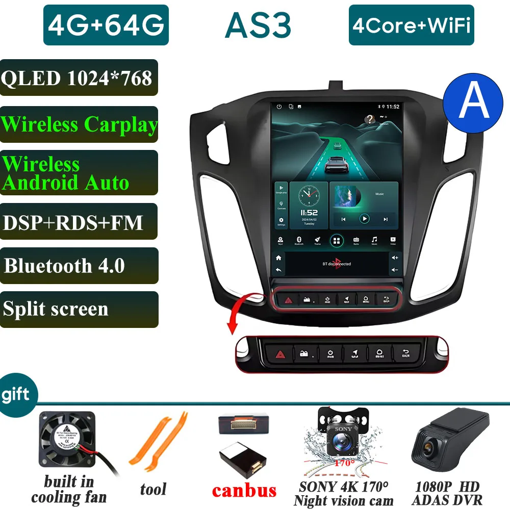 Autoradio Carplay 9.7 Inch Voor Ford Focus 3 Mk3 2011 2012-2019 Navigatie GPS Android Auto Android 15 5G Wifi Unit Geen 2din DVD