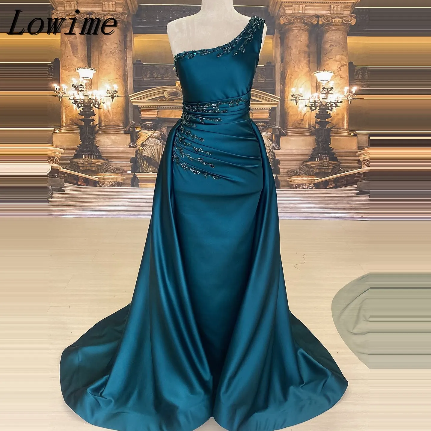 Customized Peacock Blue Arabic Dubai Beading Handmade Prom Dress With Train Simple One Shoulder Formal Evening Party Dress