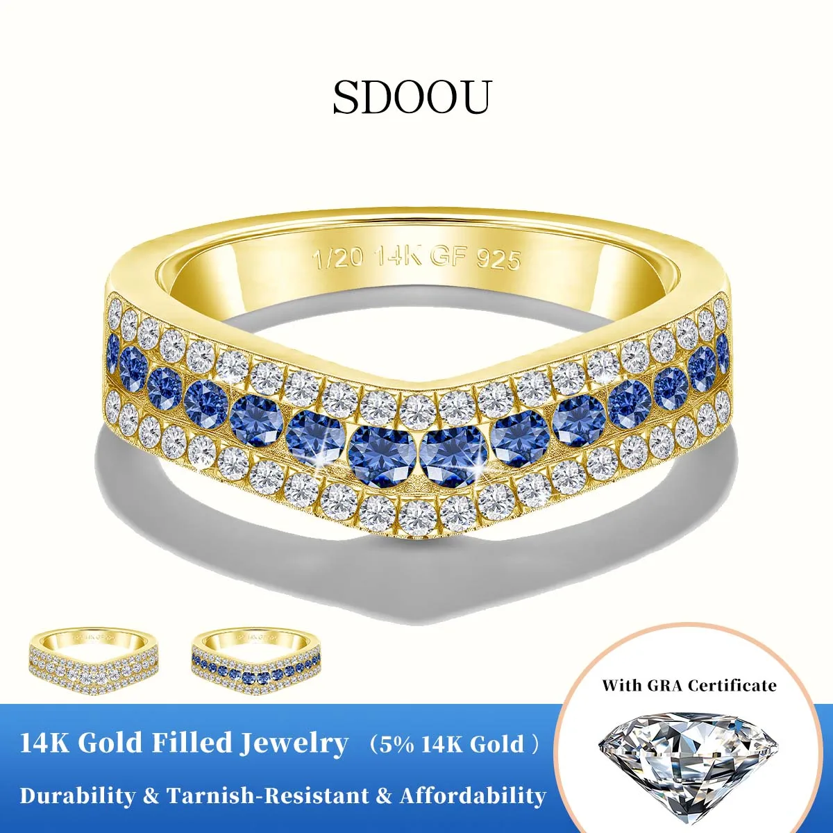 

SDOOU Sparkling 14k Gold Filled Curved Full Moissanite Ring Blue Corundum Gemstone Wedding Band D VVS for Woman Party Jewely New