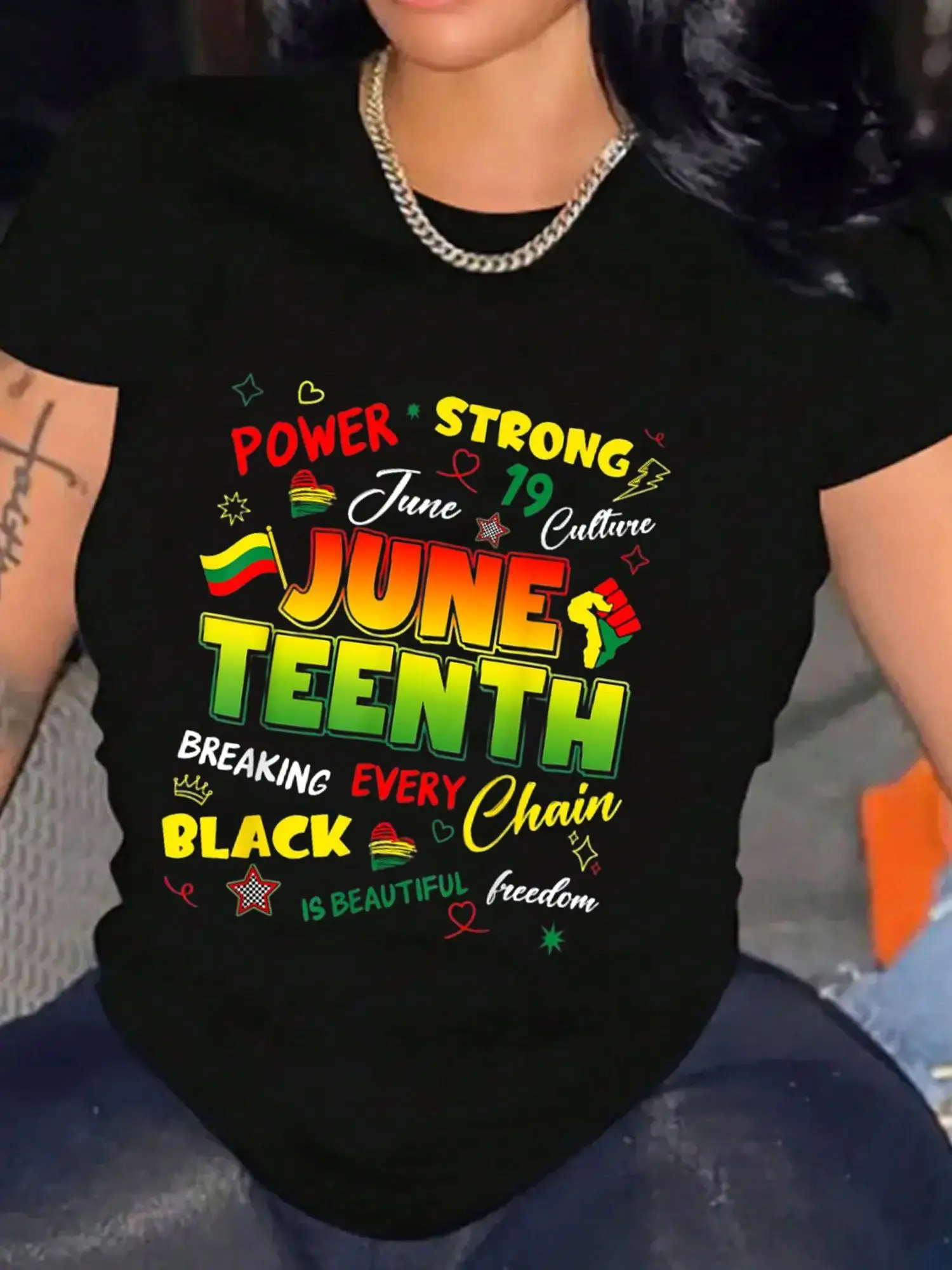 

Женская футболка Juneteenth, 19 июня 1865 г. День свободы — футболка с рисунком меланина Empowerment ярких цветов