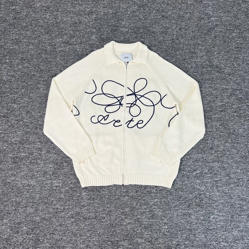 

Beige Cardigan Zipper Arte Loose Embroidery Flower Logo Knitt Sweater Men Women High Quality 1:1 Knitt Casual Sweater Winter
