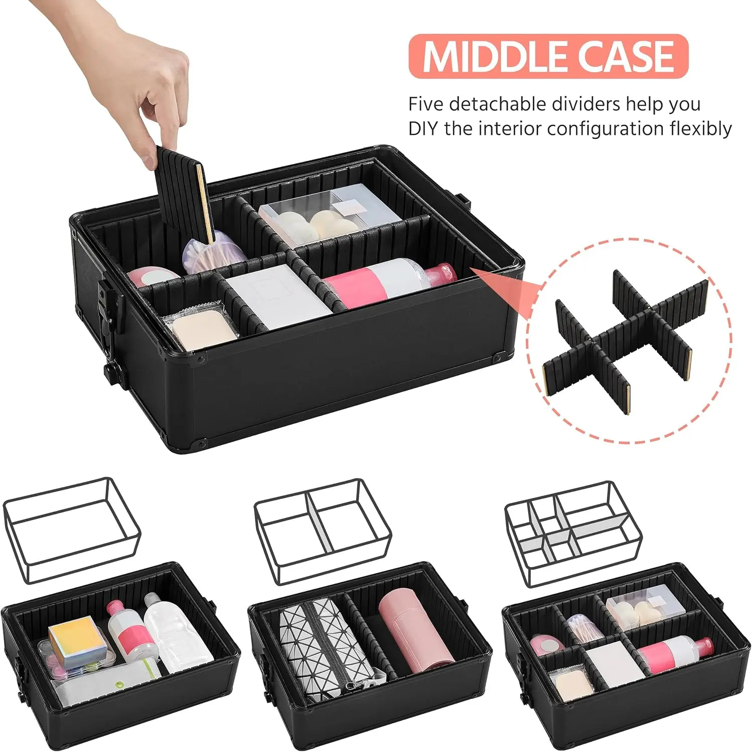 Black 4‑in‑1 Lockable Rolling Makeup Train Case, Wheeled Cosmetology Storage Cart, Large Portable Cosmetic Organizer for Salon Barber view 5