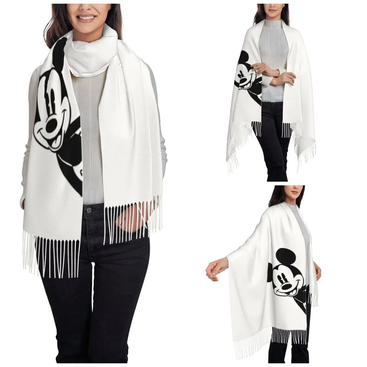 Womens Tassel Scarf Mickey Mouse Cartoon Large Soft Warm Shawl Wrap Gifts Pashmina Scarves