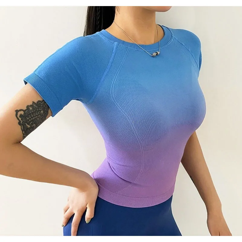 Aiithuug Gradient Round Neck Yoga Tops Women Workout Short Sleeve Slim Fit Elastic Quick Dry Breathable Training Gym Tops
