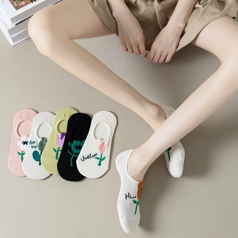 Vrouwen Katoenen Casual Sokken Lente Zomer Dunne Bootsokken Antislip Siliconen Bloem Onzichtbare Sokken Koreaanse Stijl