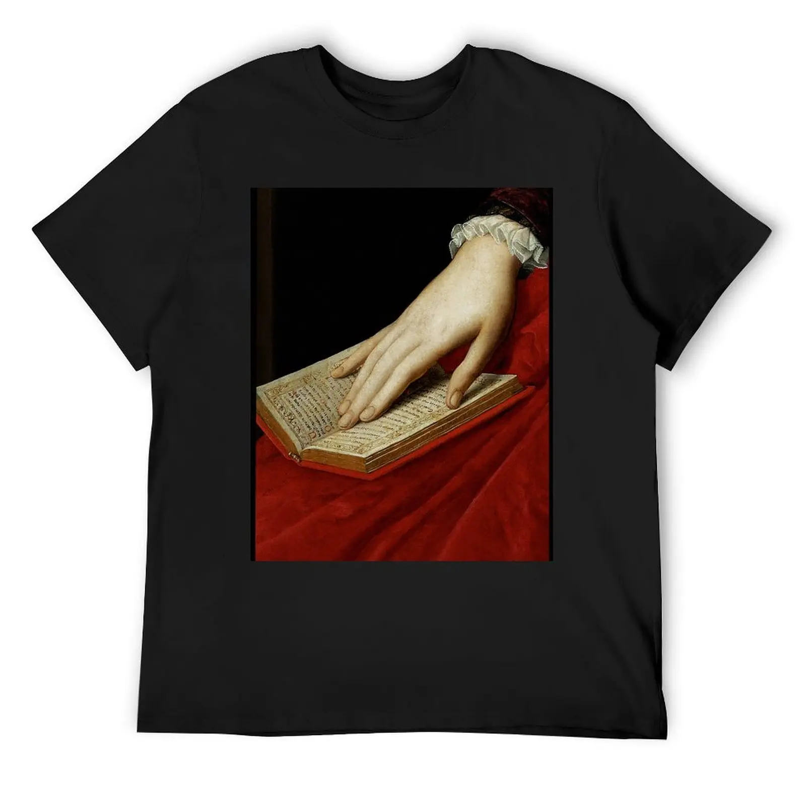 

Renaissance old master cropped image, hand on book T-Shirt hippie clothes plus sizes shirts graphic tee summer 2025 mens t shirt