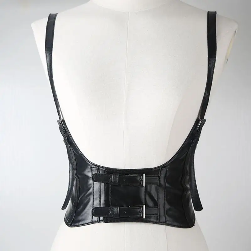 Black Punk Leather Underbust Corset Push Up Bustier Corset Top Underbust Corset Top With Strap Waist Cincher Belt Corset