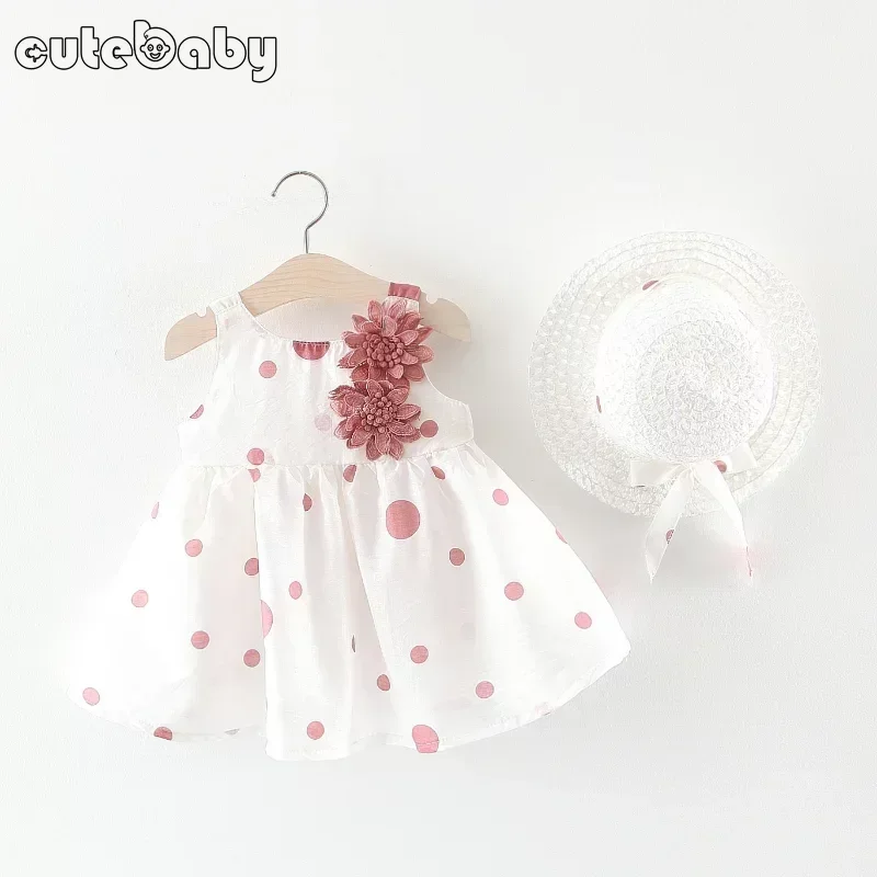 Big Bow Baby Dress Lovely Summer Infant Baby Girl Clothes Cute Dot Sleeveless Cotton Toddler Dresses+Sunhat Newborn Clothing Set