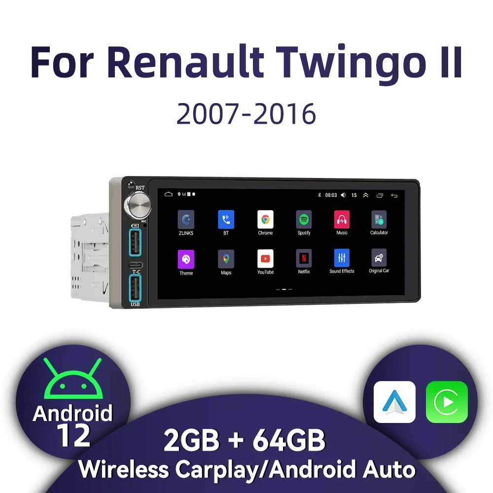 

Wireless Carplay Autoradio 6.86" Screen 1 Din Radio Android Car Multimedia for Renault Twingo II 2007-2016 Stereo Head Unit GPS