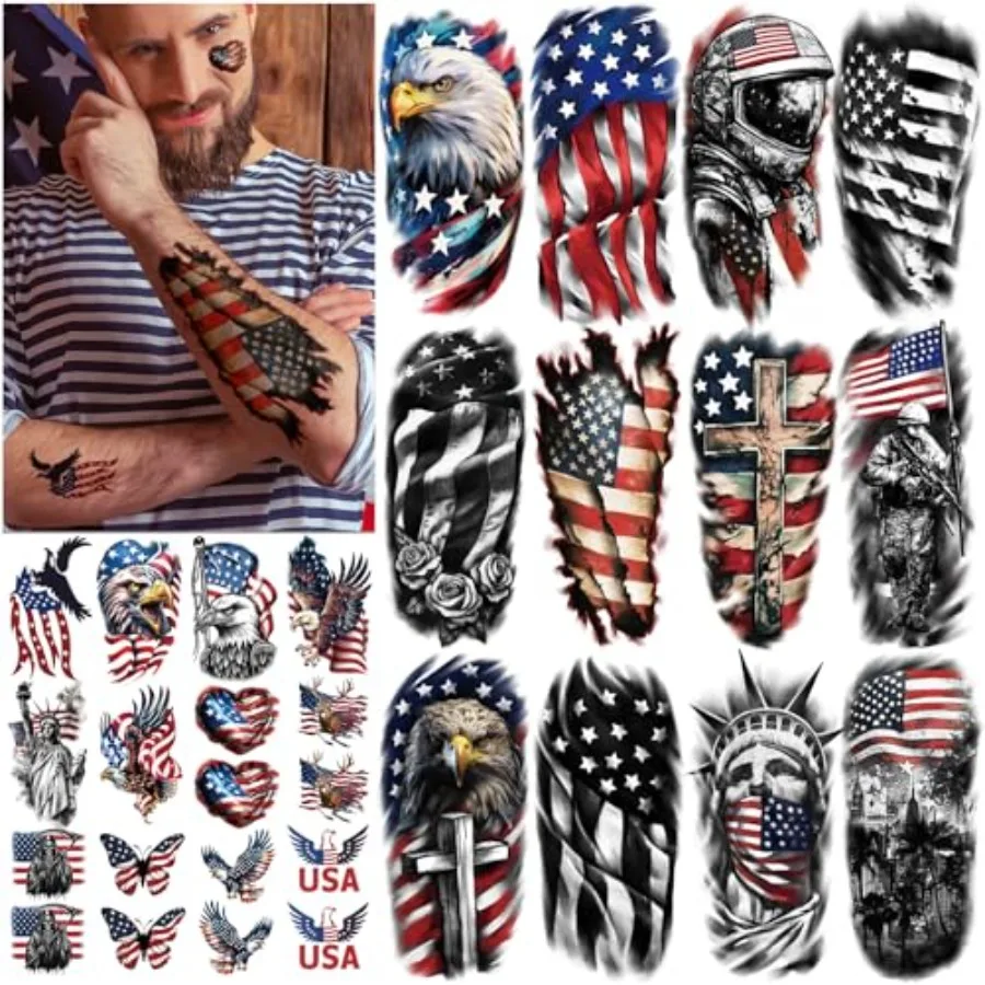 

77 Sheets Independence Day Temporary Tattoo for Women Men, 17 Half Arm 4th of July Fake Tattoos, 60 Tiny American Flag Eagle Do