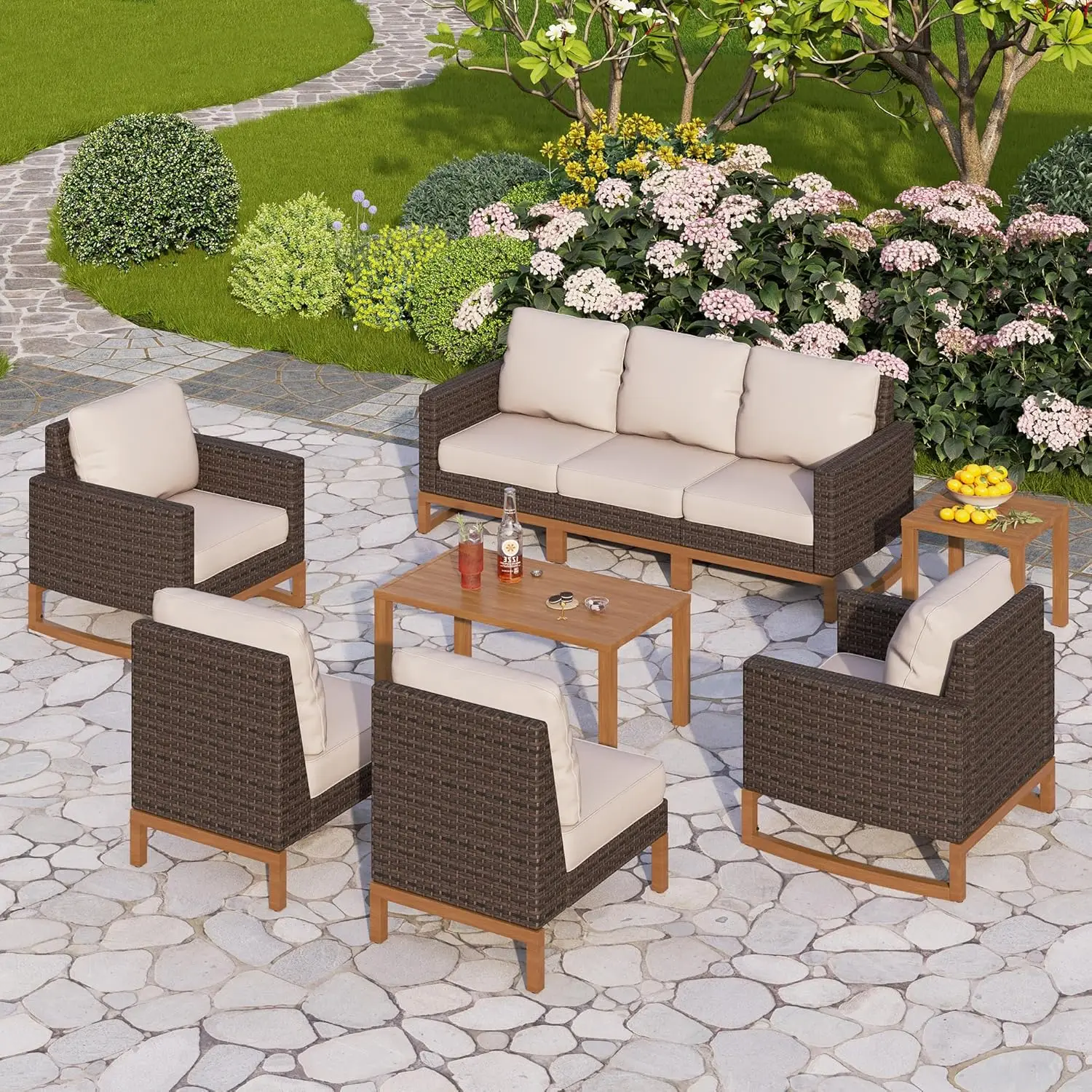 

9-Piece Patio Wicker Furniture Set Sectional Rattan Armrest Sofa Outdoor Conversation Set with Metal Coffee Table Bistro Set