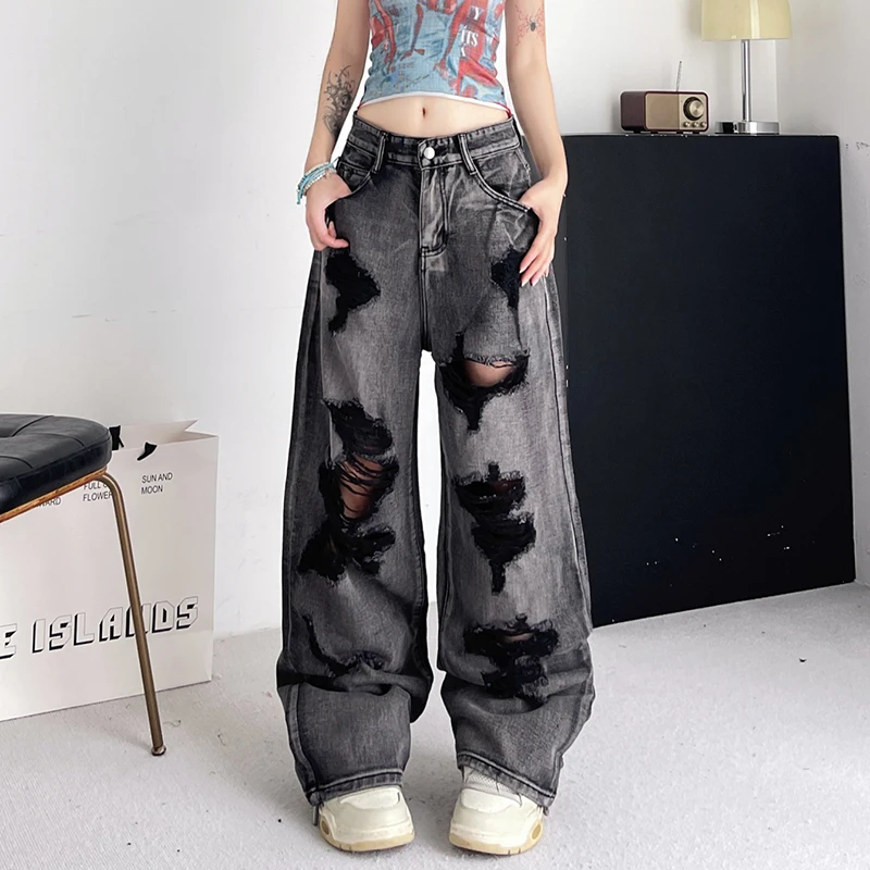 

Y2K Holes Hollow Out Ripped Tassel Jeans Women Retro Loose Casual Wide Leg High Waist Gothic Pants Fashion Washed Denim Pants