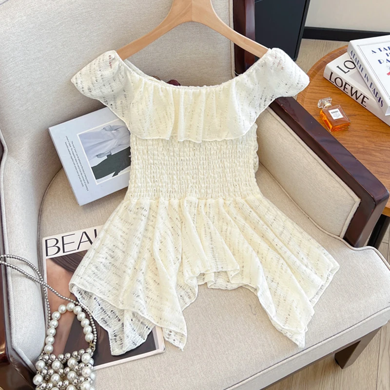 Ruffles 3D Floral T Shirt Women Summer Irregular Sweet Slash Neck Slim Fit Tees Female Kawaii Off Shoulder Folds Preppy Tops New