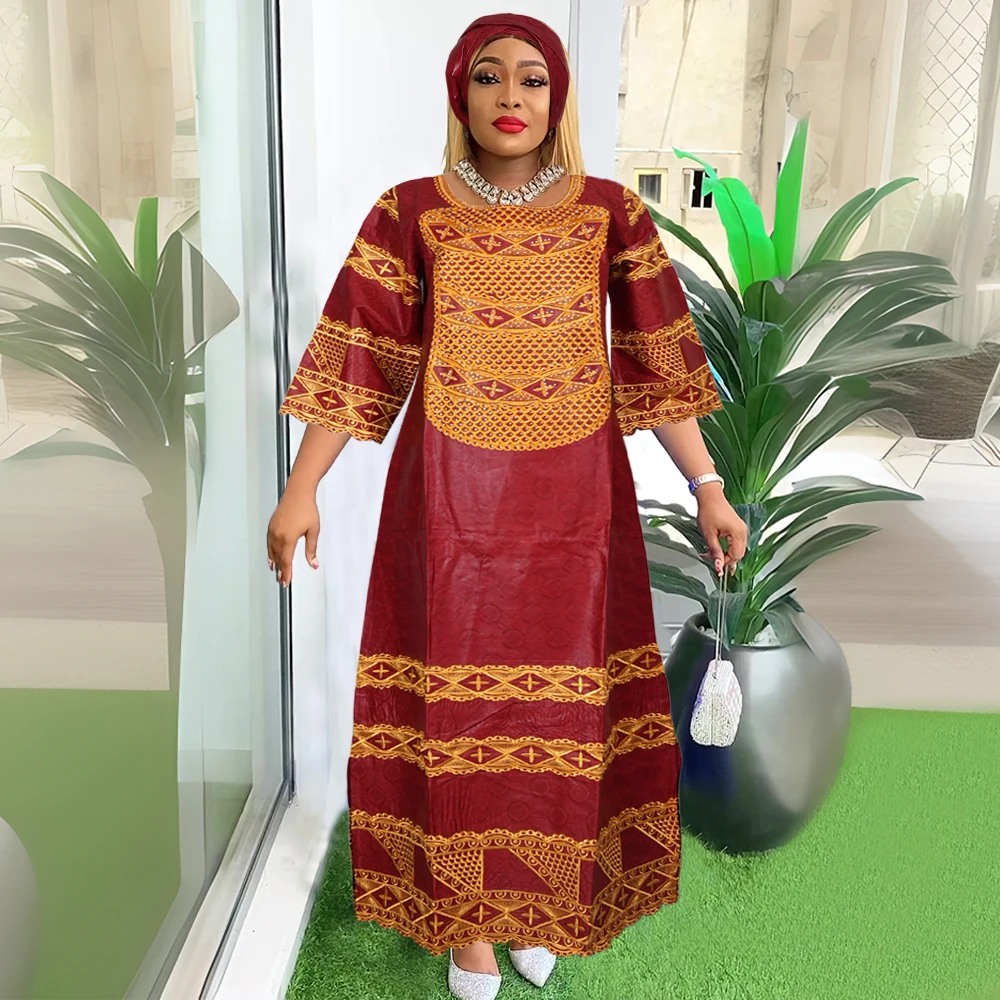 H&D New African Dresses For Women Embroidery Bazin Floral Dresses Ankara Rich Long Robes Nigeria Party Tradition Wedding Ramadan