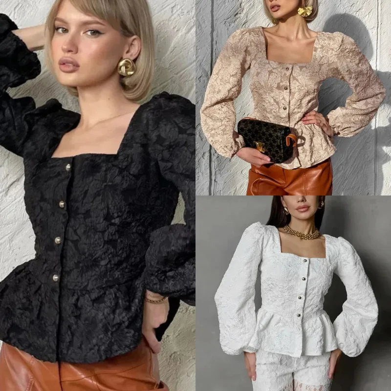 

Женская винтажная жаккардовая блузка с квадратным воротником и пышными рукавами, облегающая элегантная тканевая туника с рюшами, топ для повседневной офисной вечеринки