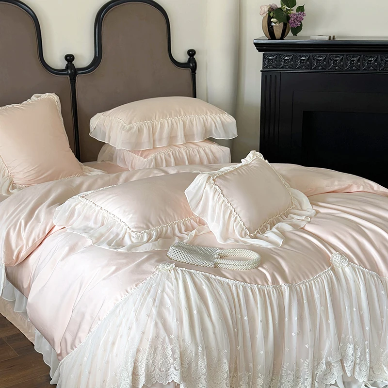 France Style Princess Bedding Set Luxury Egyptian Cotton Chiffon Lace Embroidery Ruffles Duvet Cover Bed Sheet Linen Pillowcases