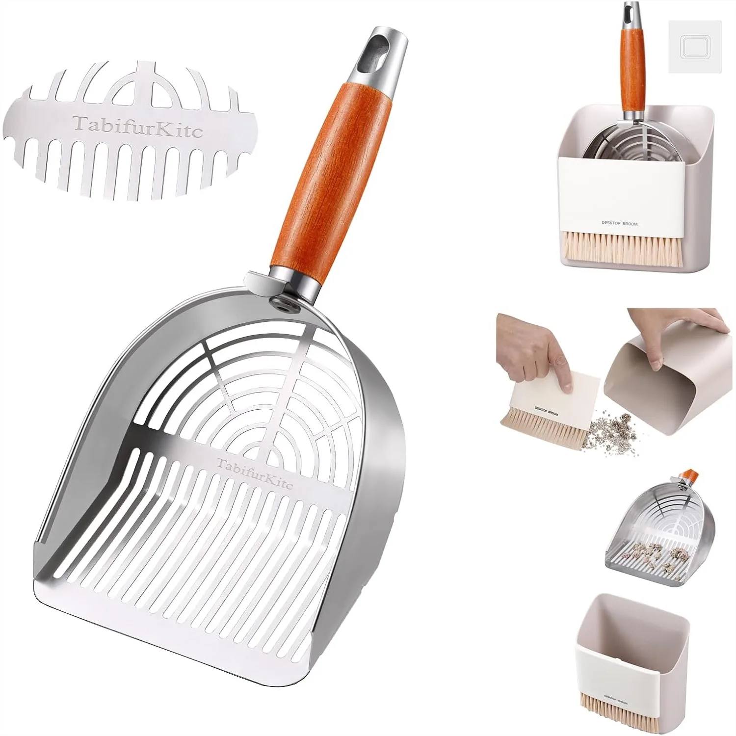 

304 Stainless Steel Cat Litter Scoop with Holder, 40% Thicker Side Edges, Dual Sifting Sizes, Includes Broom & Dustpan