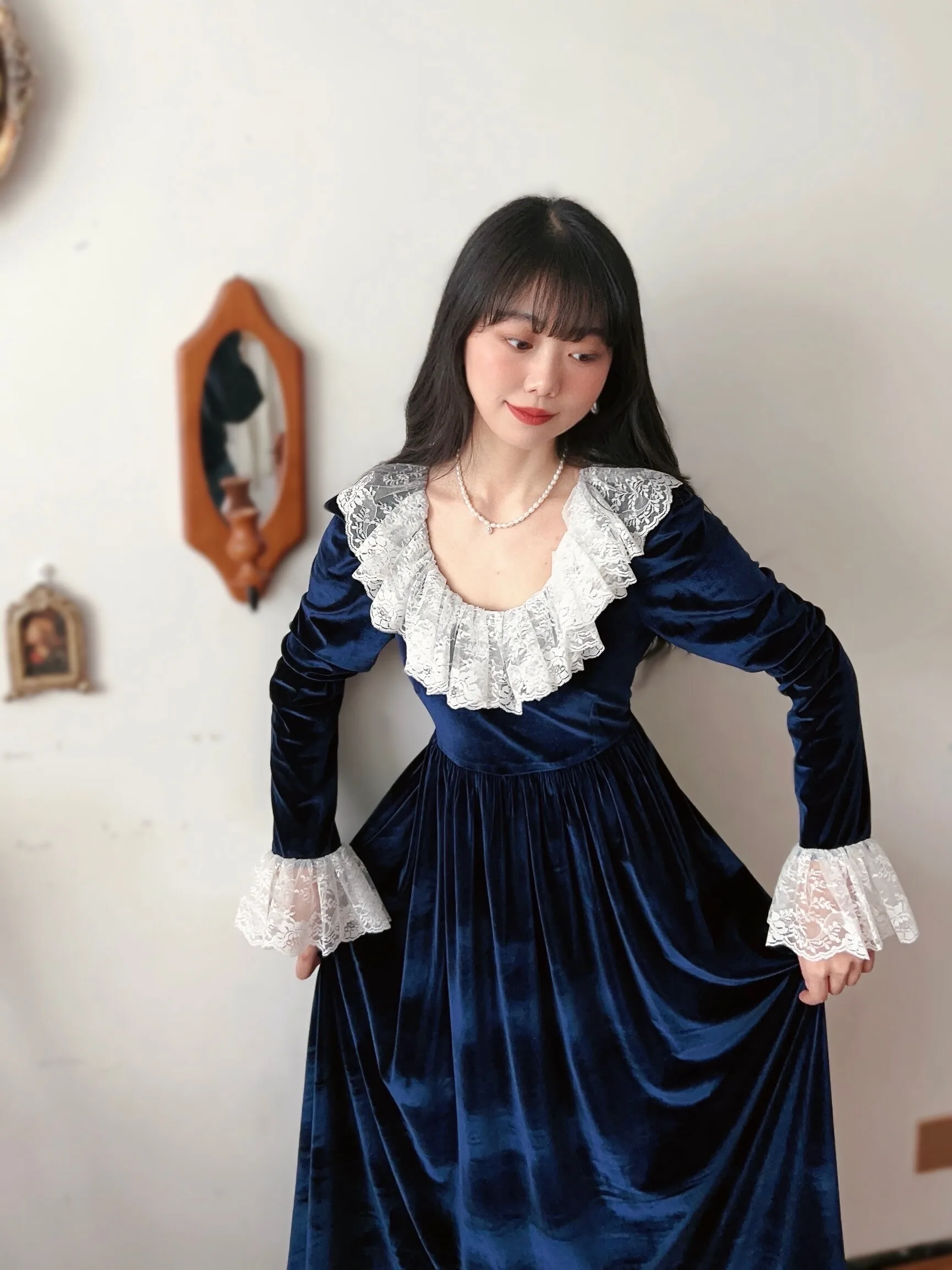 TIYIHAILEY Long Maxi Women Ladies Velvet Dress Full Sleeve Custom Made Lace Patchwork Spring Winter Autumn Spring Vintage 2025