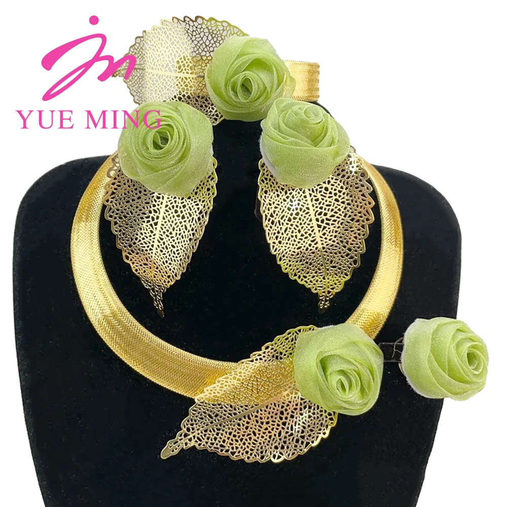 

Woman Jewelry Sets Fashion Green Flowers Necklace Earrings Gold Plated Ring Bracelets Luxury Trend Clothing Jewelry Accessories