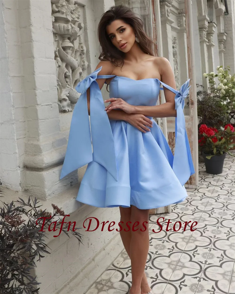 TAFN A-line Bowknot Spaghetti Straps Party Prom Evening Homecoming Dress Above Knee Blue Short vestidos de fiesta Lace-up