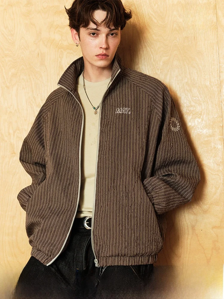 Matcha Story Casual Stripe Pattern Stand Collar Jacket Unisex Autumn Leisure Retro Style Polyester Fiber Soft  Jacket