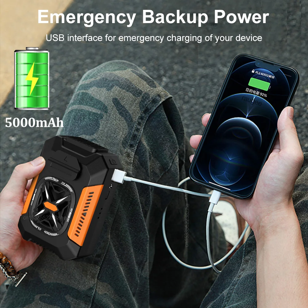 مروحة خصر محمولة بقدرة 5000 مللي أمبير في الساعة تبريد F مع بنك طاقة وامض USB قابلة لإعادة الشحن للسفر في الهواء الطلق والمكتب والمشي لمسافات طويلة والتخييم