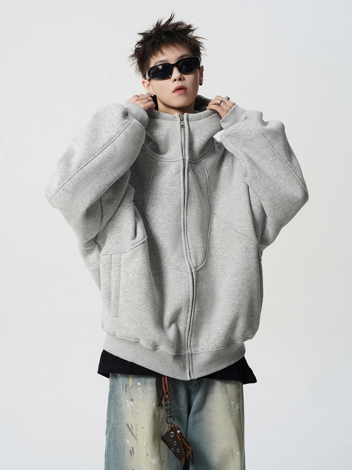 American Deconstruction Hooded Jacket Men's Winter Splicing Sweater High Street Velvet Couple Hoodie