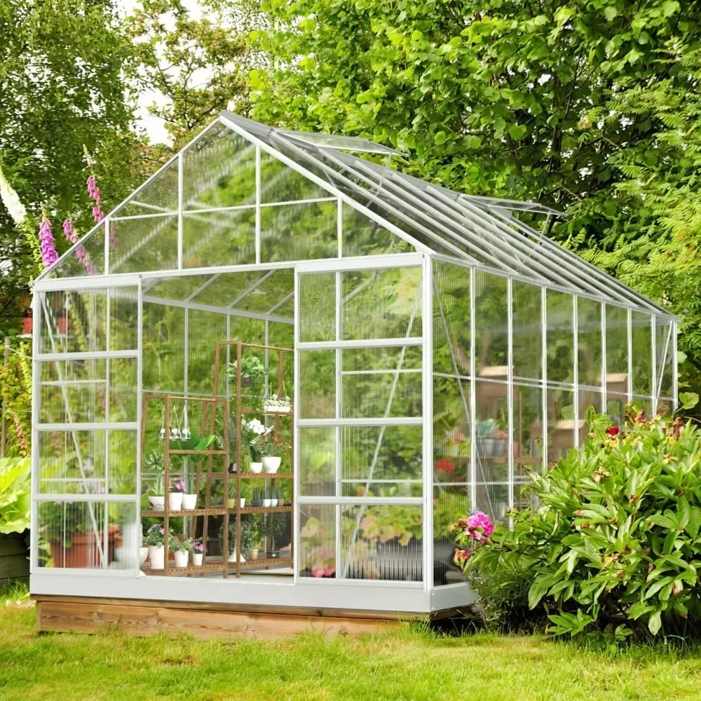 

10' X 16' Greenhouse with Adjustable Roof Vent and Sliding Door, Winter Outdoor Aluminum Polycarbonate Greenhouse