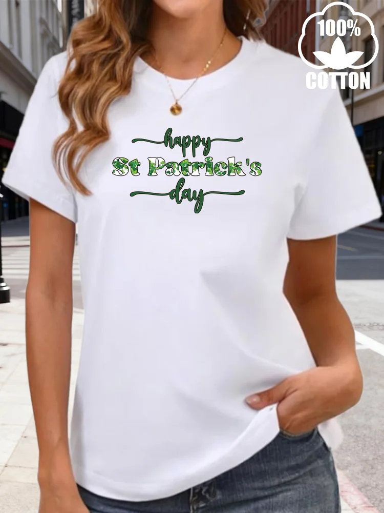 تي شيرت نسائي برسومات Happy St. Patrick's Day 180 جرام من القطن برقبة دائرية وأكمام قصيرة تي شيرت كاجوال صيفي للارتداء اليومي