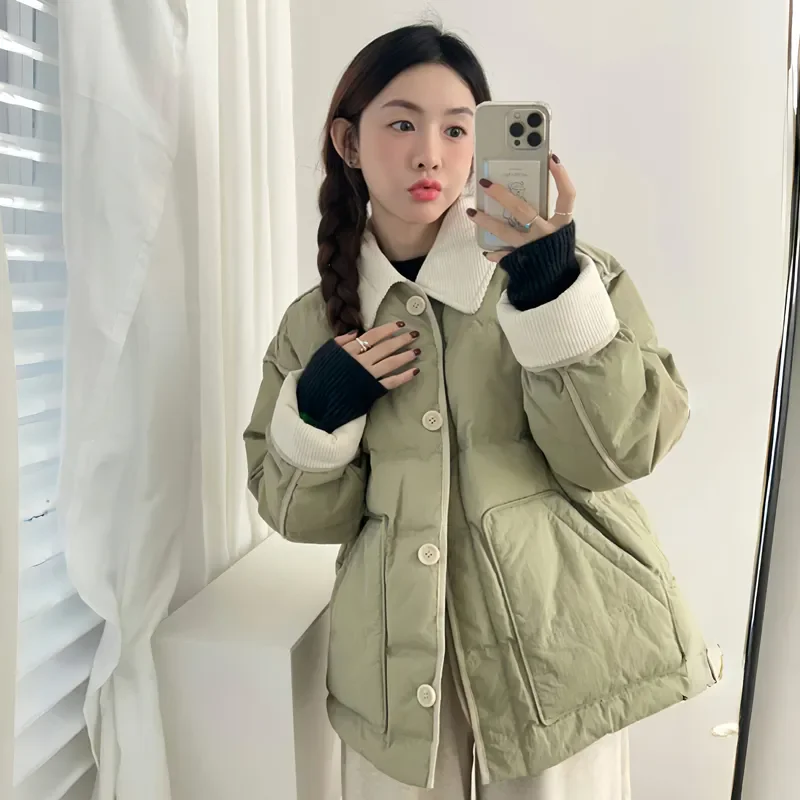 Parkas for Woman Single Breasted Pocket Long Sleeve Casual Jacket Winter Fashion Turn-down Collar Thermal Female Coat