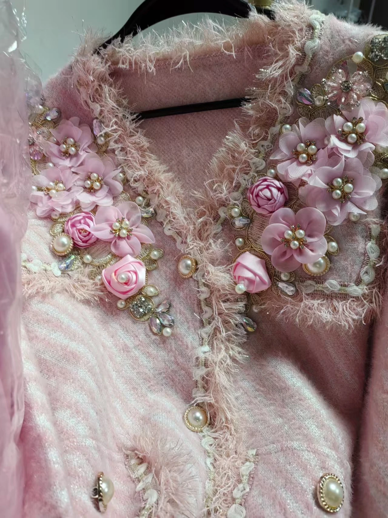 Real Photo Luxury Style Beaded Flower Stitch Knitwear Cardigan Coat For Women V-neck Autumn Winter Pink Sweater Outwear Jacket