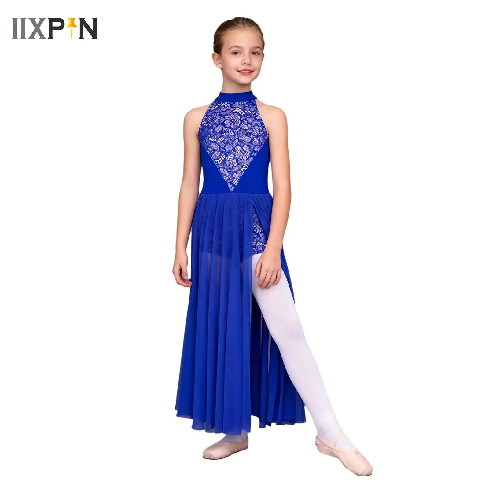 

Kids Girls Lyrical Contemporary Dance Side Split Dress Shiny Rhinestones BalletGymnastics Figure Skating Costume Dancewear