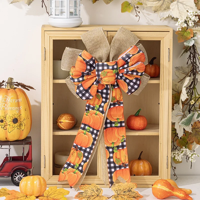 Fall Wreath Gift Bow Orange Check Thanksgiving Wreath Pre-Tied Bow for Fall Thanksgiving Home Indoor Outdoor Ornament