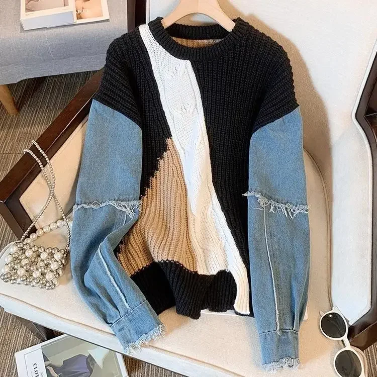 Dimanaf 2024 Winter T-Shirt Oversize Women Sweaters Denim O-Neck Patchwork Pullover Knitting Basic Blue Fashion Loose Sweater