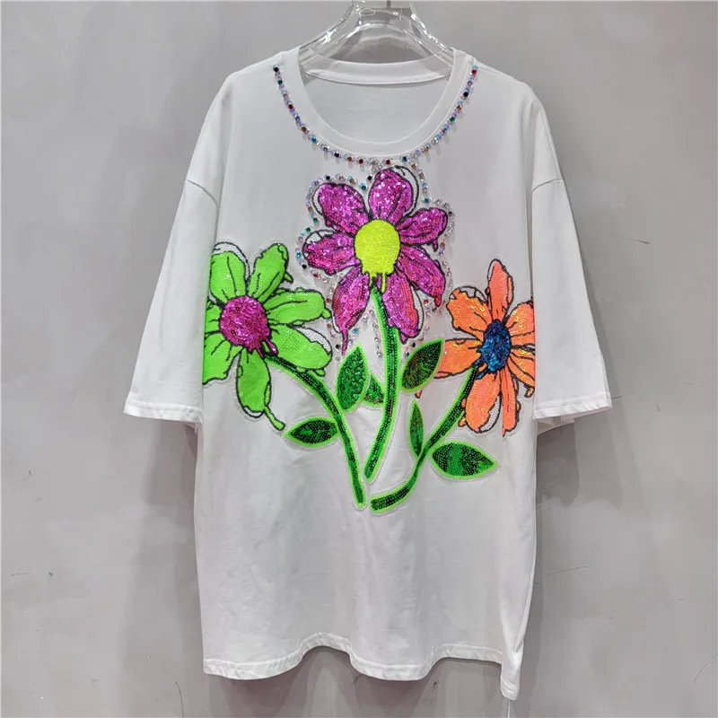 Bright Colors Heavy Industry Rhinestone Sequined Round Neck T-shirt Women 2024 Summer Mid-Length Loose Casual Chic Flower Top