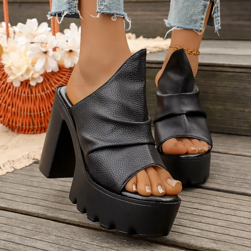 Summer New Women's Party Hot-Selling Thick-Platform, Waterproof, Super High Chunky Heel Closed-Toe PU Flats view 3