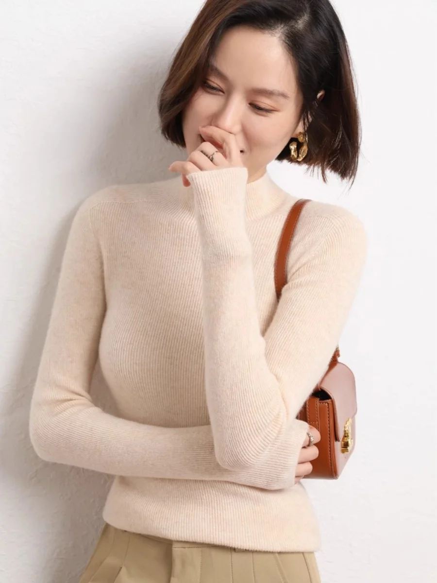 

Spring 2026 Women's Slim Fit Wool Knit Base irt Long Sve f High Collar Knitted Sweater Commute Sle Regular Fit Knit...