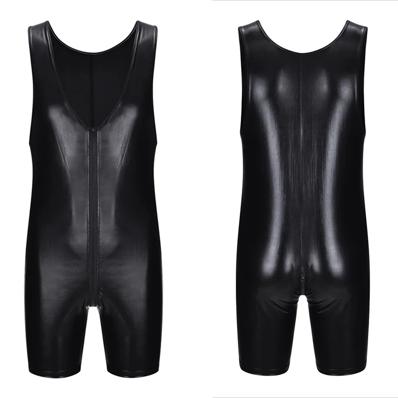 Sexy PU Leather Bodysuit Men\'s Lingerie Erotic Open Crotch Jumpsuit Shorts for Sex Gay Sleeveless Couple Clubwear Night Costumes