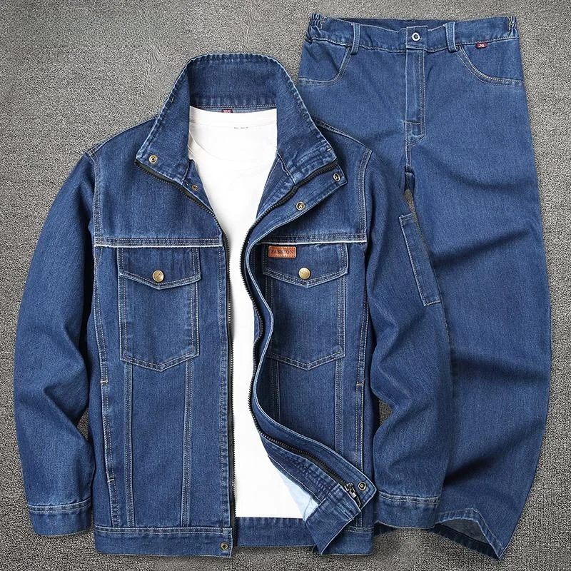 春秋用厚手デニム作業服セット男性用 W 火傷防止耐摩耗性ルーズ汚れ防止労働保護服
