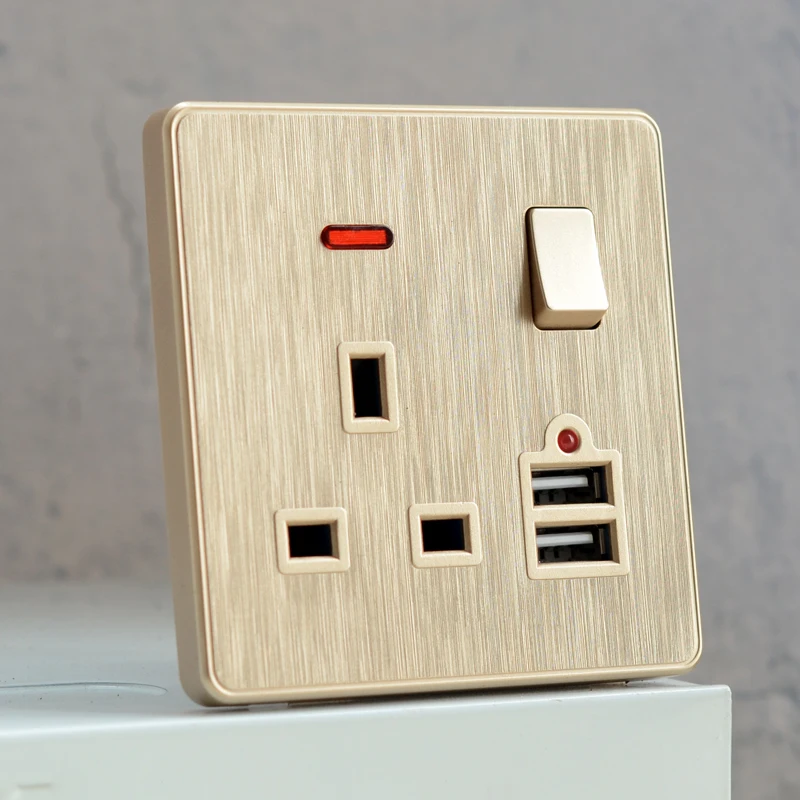 Wall Electrical Switches With Usb UK Socket Gold Plastic Panel Malta Wall Light Switch 110-250V Singapore Ireland Outlets