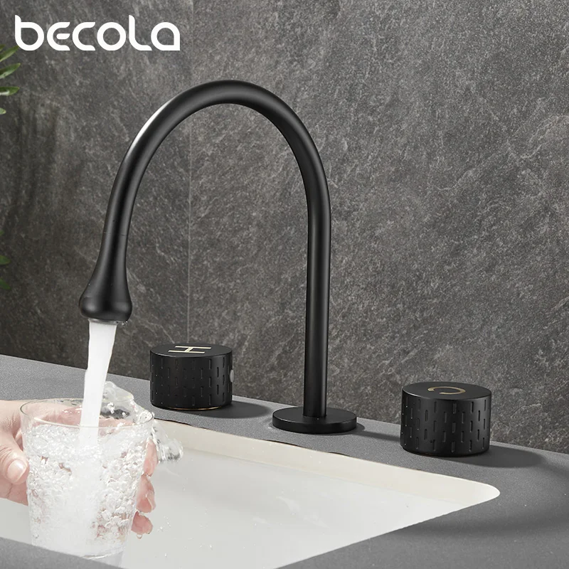 

Bathroom Basin Faucets Deck Mounted Double Handle Faucet Matte Black Basin Mixer Hot Cold Shower Room Sink Faucet 3 Hole Tub Tap