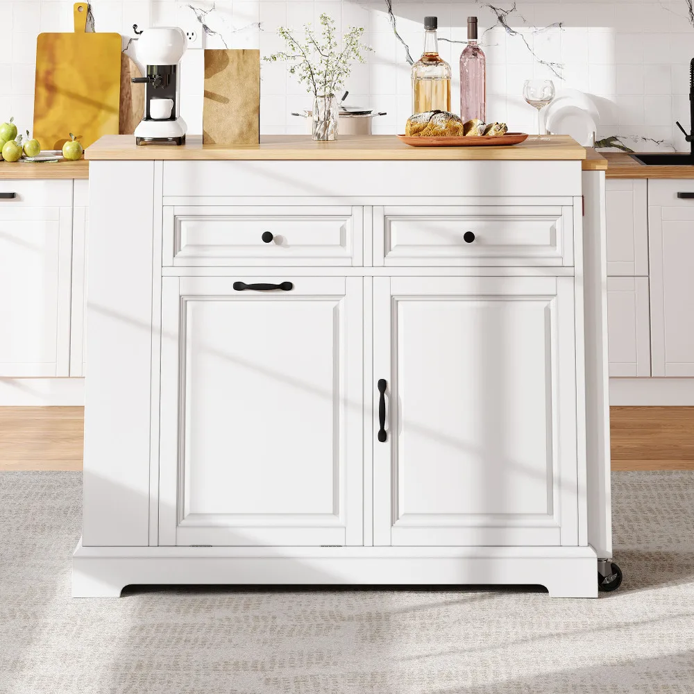 Picture 4: Multifunctional Mobile Kitchen Island on Rollers, Freestanding Extendable Kitchen Island with Pull-out Extractable Dining Surface, Hidden Trash Bin and Multiple Drawers, Practical Rolling Storage Unit for Kitchen & Dining Room