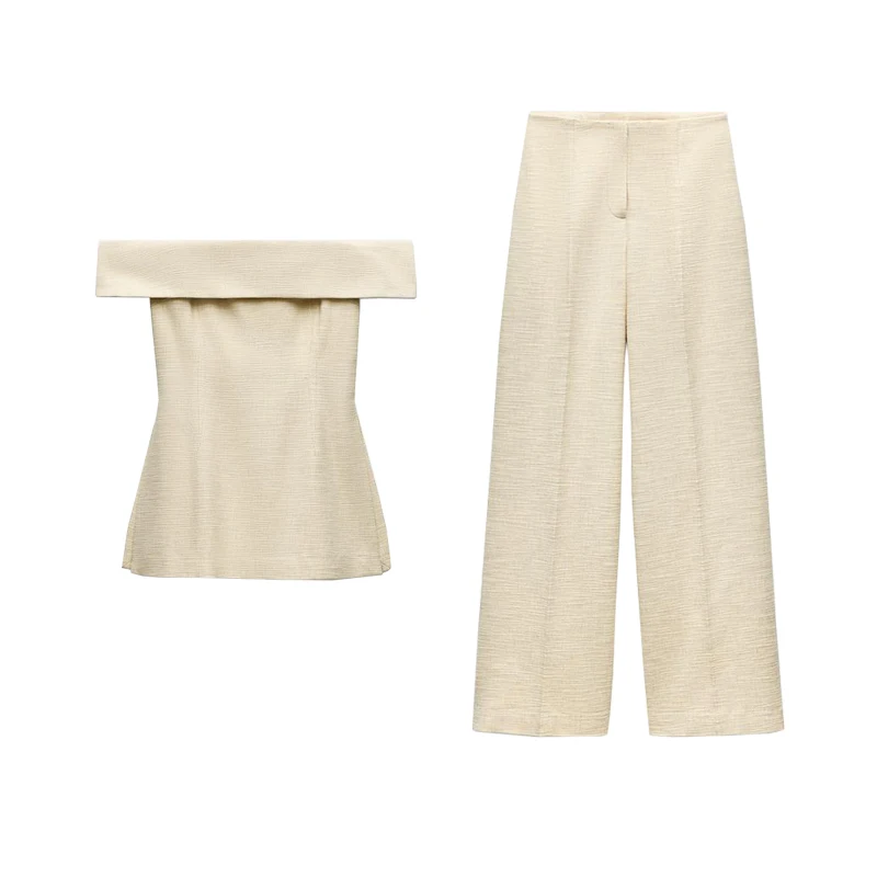Lente nieuwe veelzijdige rechte kraag zijsplit oulder ontbloot top hoge taille wijde pijpen broek faionable damesset