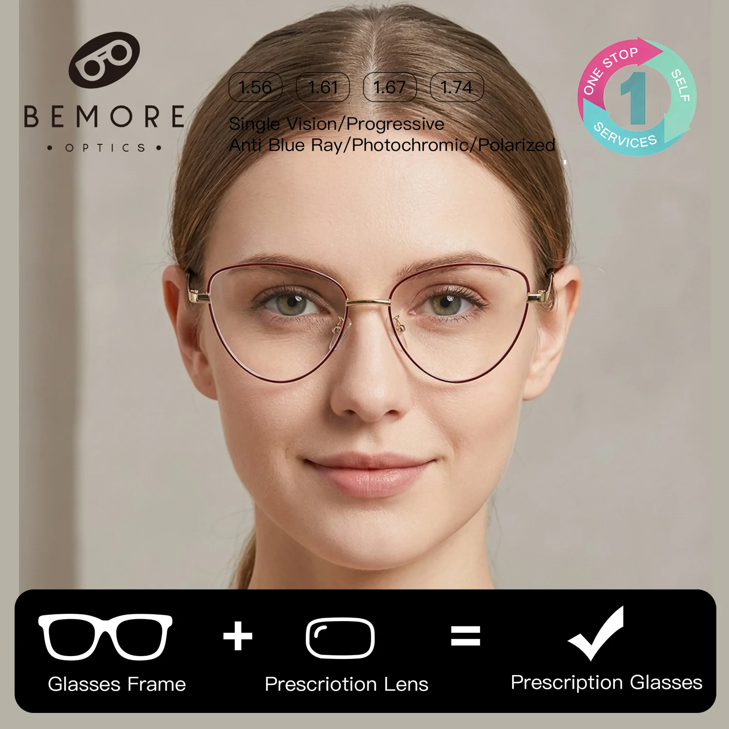 

BEMORE High Quality Metal Clip on Sunglasses Prescription Glasses Woman Cat Eye Anti-Blue Ray Multifocal Optical Eyeglasses