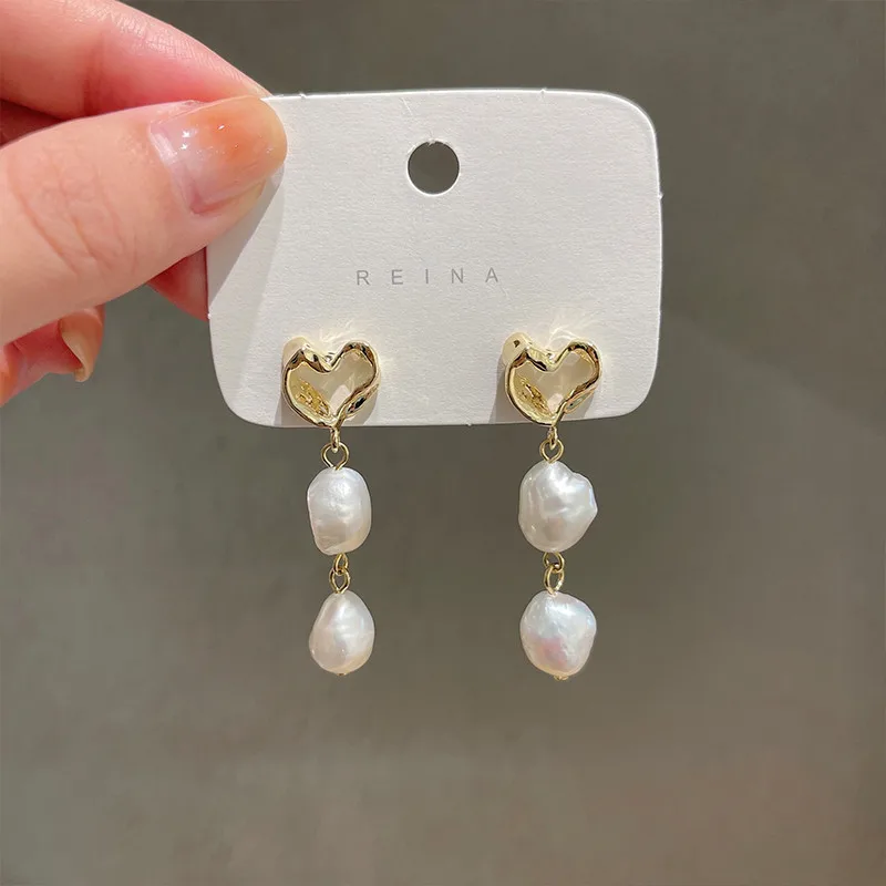 

Best Sell Baroque Natural Freshwater Pearl Heart Design 14k Gold Filled Female Tassels Stud Earrings Jewelry For Women Cheap